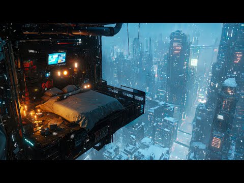 Cyberpunk Skyrise Winter Escape: Snow And Ambient Music | Cozy Room Above The City