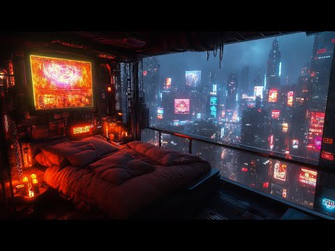 Cyberpunk Balcony Escape: Rain & Ambient Music | Futuristic City Overlooking The Rainy Metropolis
