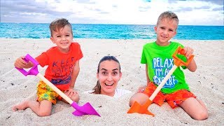 Vlad and Nikita had a Fun Day on the Beach! Playing with Mom and Sand
