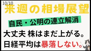 10月10日来週の相場展望　自民公明連立解消　大丈夫。株はまだ上がる。日経平均は暴落しない
