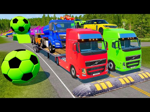 Double Flatbed Trailer Truck vs Speedbumps Train vs Cars | Tractor vs Train Beamng.Drive 003