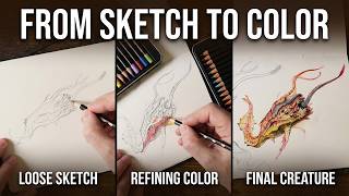 Creature Design Workflow: From Thumbnails to Final Colored Pencil Sketch