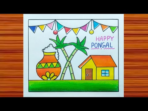 Happy Pongal Drawing / Pongal Drawing / How to Draw Pongal Drawing / Easy Pongal Scenery Drawing