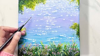 Easy Summer Lake Painting with Bokeh Effect / Acrylic Water Painting Tutorial for Beginners