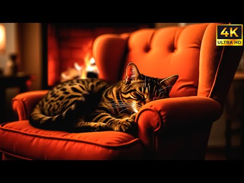 Cozy Fireplace with Crackling Birchwood & Sleeping Cat | Relaxing Fire Sounds in 4K UHD