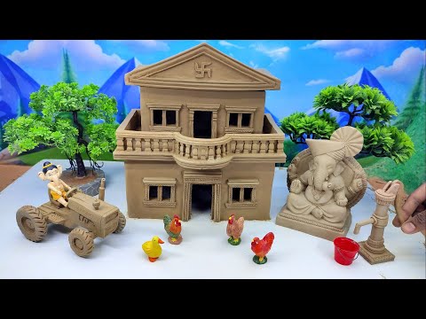 Building a morden clay house with handpump & tractor | Clay tractor making science project