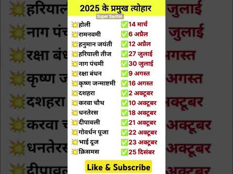 2025 के त्यौहार की तारीख || कैलेंडर 2025 | 2025 Festival Name and date | त्यौहार की संपूर्ण तिथियां
