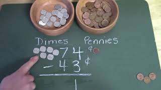 Grade 2: Math Lesson #108 Subtracting Two Digit Numbers Using Dimes and Pennies (Part 2)