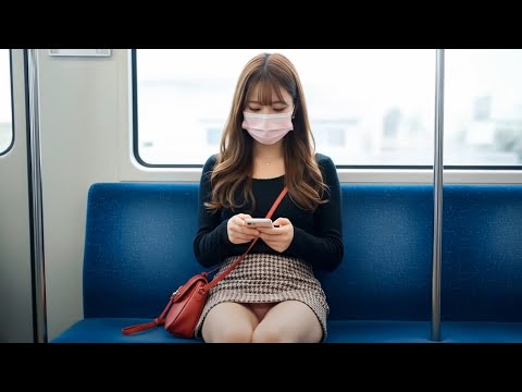 電車に座って携帯電話で話している現代の女性たち ③