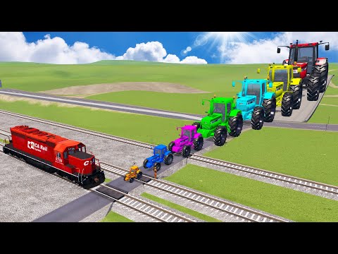 Big & Small Tractor Cars vs Train #2 - BeamNG.Drive