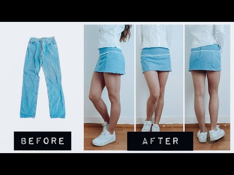 DIY -  How to turn old JEANS into a DENIM MINI SKIRT
