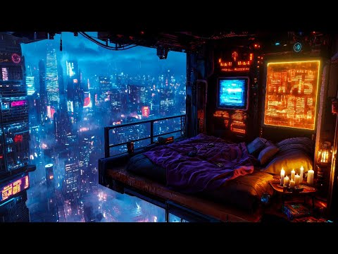 Cyberpunk Midnight Retreat: Rain And Ambient Music | Cozy Skyrise Room For Deep Sleep & Healing