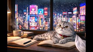 Rainy Tokyo Night Study With Cat 🐱  Akihabara Electric Town Ambience for Focus & Sleep (3 Hours)