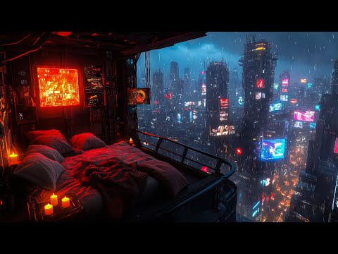 Cyberpunk Rainfall Sanctuary: Rain And Ambient Music | Cozy Floating Bedroom Above Neon Streets