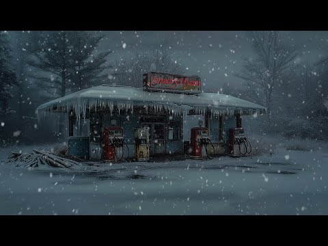 Solitary Winter Night at an Abandoned Gas Station in the Snow | Cozy Snowstorm Sounds for Relaxation