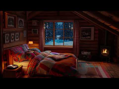 Cozy Winter Night Rustic Wood Bedroom | Deep Sleep with Snow and Fireplace Sounds | Winter ASMR ❄️