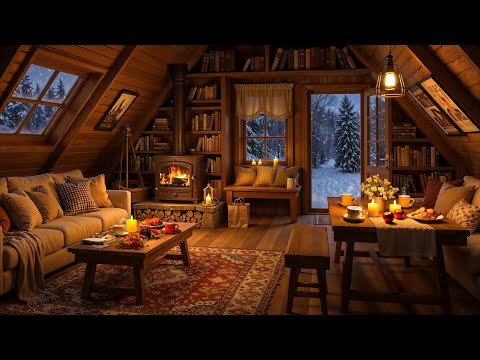 Cozy Winter Cabin Ambience 🛖 Smooth Jazz with Fireplace Sound and Gentle Snowfall for Relaxation