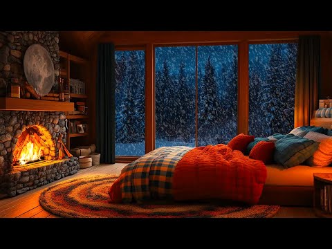 Feel the cozy night in bed winter night in cabin with fireplace | Fall asleep fast with snow sounds