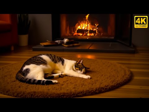 Warm Fireplace Sounds for TV | Birchwood Fire Sounds & Cat Companion for Calm Nights
