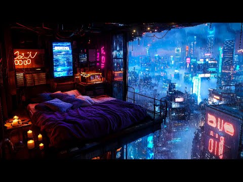 Cyberpunk Cozy Escape: Rain And Ambient Music | Relaxing Futuristic Balcony Ambience