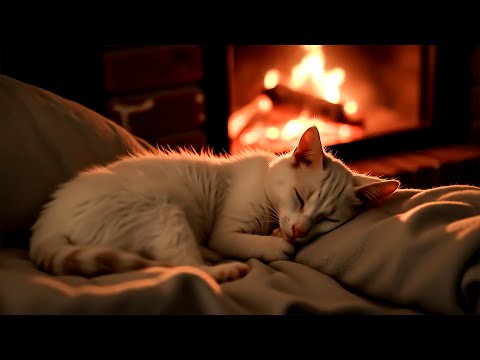 ASMR Birchwood Fireplace with Adorable Cat | Cozy Night Ambience for TV | Gentle Fireplace 4K