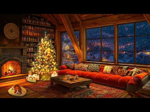 🔴 Snowy night atmosphere with breathtaking snowy mountain view | Log cabin with cozy fireplace 🔥