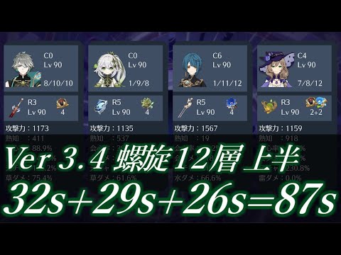 【原神】究極の無凸アルハイゼン Ver3.4螺旋12層上半 87秒 星4武器のみ 微課金