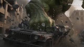A powerful green giant (Hulk style) running through a destroyed city, smashing cars, cinematic light