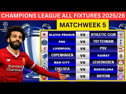 CHAMPIONS LEAGUE FIXTURES TODAY | UCL 2025/26 MATCHWEEK 5 SCHEDULE WITH ALL GAMES & KICKOFF TIME