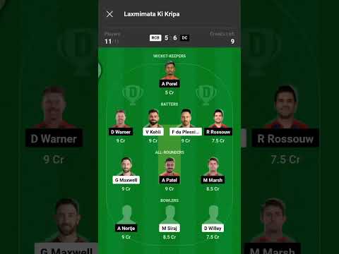 RCB VS DC IPL MATCH NO 20 DREAM 11 PREDATION GL AND H2H