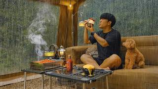 Pitter-Patter Rain Camping with My Dog . New 2-Room Inflatable Tent . Rain Sounds ASMR