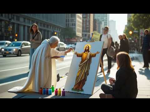 The old woman is painting a portrait of Jesus Christ✝️🙏✝️🙏