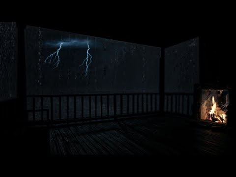 🌧️ Stormy Night on a Cozy Cabin Porch | Heavy Rain, Thunder & Warm Fireplace Sounds 🔥