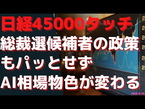 日経45000タッチし、高値更新したものの・・・総裁選候補者の政策もパッとせず　AI相場は物色が変わる