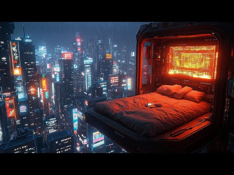 Cyberpunk Rainfall: Rain and Ambient Music | Cozy Floating Bedroom Above Neon City