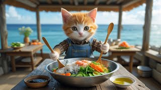 Sushi Bowl Adventure with Tiny Cat by the Sea