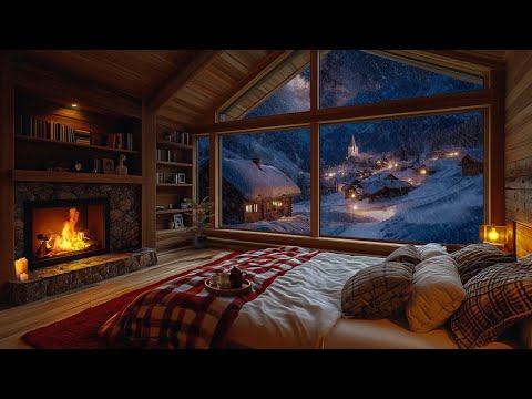 Fall Asleep Easily With Log Cabin Fireplace Sounds | Snowstorm Sounds for Sleeping, Studying