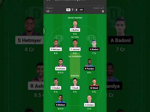 RR VS LKN IPL MATCH NO 26 DREAM 11 PREDATION GL AND H2H