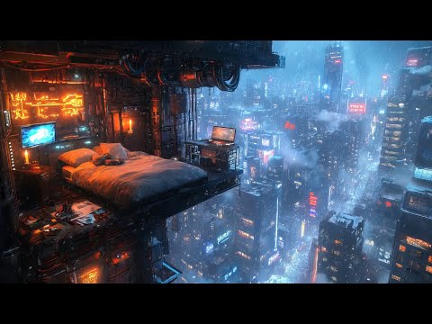 Cyberpunk Night Escape: Snow And Ambient Music | Cozy Bedroom High Above The City