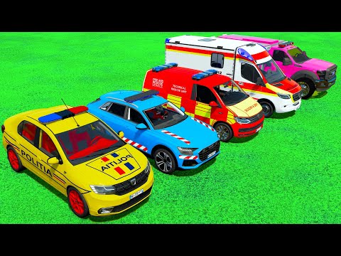 MERCEDES, FORD AMBULANCE EMERGENCY & AUDI, VOLKSWAGEN POLICE RESCUE CARS TRANSPORT WITH TRUCK! FS22