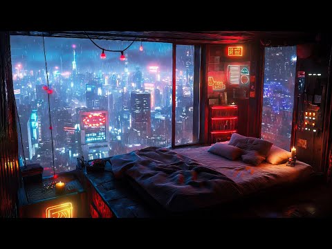 Cyberpunk Rain Escape: Rain and Ambient Music | Cozy Rain Night in a Futuristic Skyrise