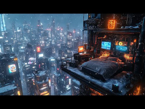Cyberpunk Night Escape: Snow And Ambient Music | Futuristic Escape Above The City