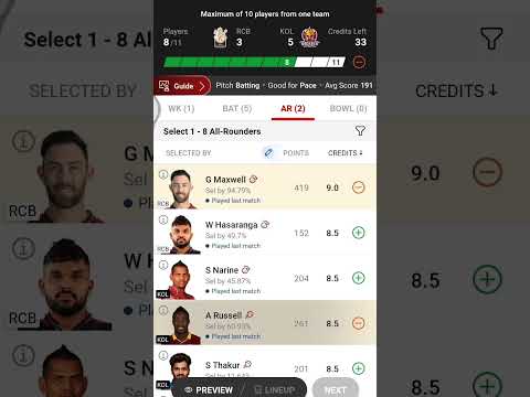 RCB VS KKR IPL MATCH NO 36 DREAM 11 TEAM PREDICTION GL AND H2H ANALYSIS