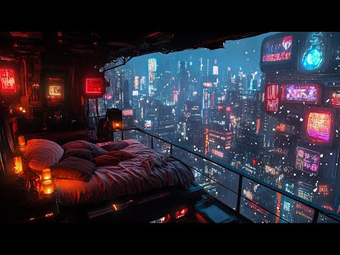 Cyberpunk Snow Escape: Snow And Ambient Music | Cozy Bedroom With A Futuristic View