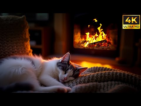 Relaxing Fireplace Sounds & Cat Sleeping by the Fire | Crackling Fireplace with Purring Cat Sounds