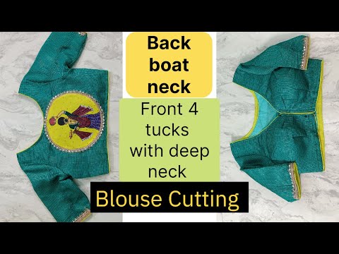 Boat neck blouse design cutting, Front 4 tucks deep neck blouse cutting@Pooja's_Saree_Sensations