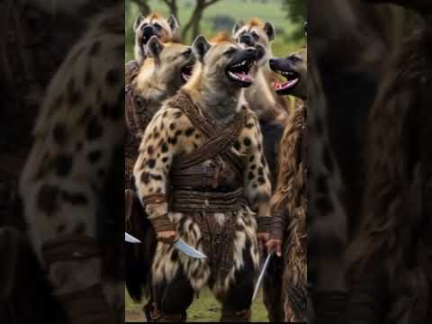 Alpha lion attacks a hoard of hyenas