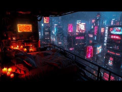 Escape Bedroom: Relaxing Above The Neon City | Rain And Ambient Music
