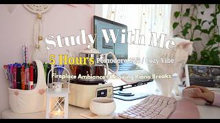 5 Hour Study With Me & My Cat ☕🐱 | Pomodoro 25/5 | Cozy Fireplace Ambience & Relaxing Breaks