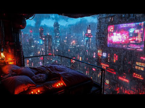 Cyberpunk Nightfall Serenity: Rain And Ambient Music | Floating Bedroom Above The City’S Lights